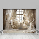 Aperturee - White Curtain And Flowers Window Wedding Backdrop